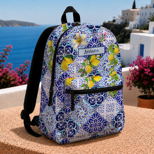 Sicilian blue Mediterranean citrus ceramic tiles Printed Backpack