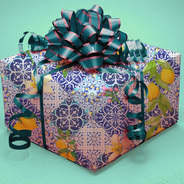 Sicilian blue Mediterranean citrus ceramic tiles Wrapping Paper (Creator Uploaded)