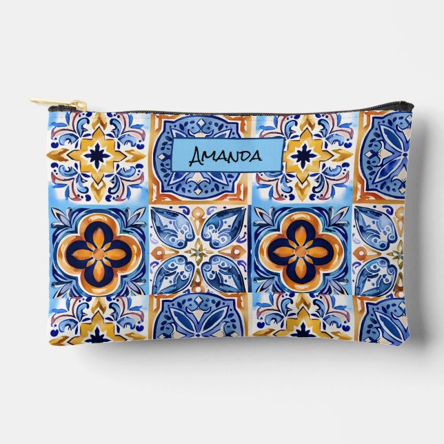 Sicilian Blue white Mediterranean ceramic tiles Accessory Pouch (Front)