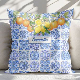 Sicilian blue yellow citrus Mediterranean azulejo Cushion