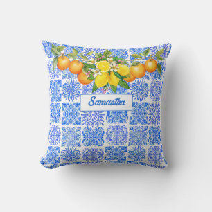 Sicilian blue yellow citrus Mediterranean azulejo  Cushion
