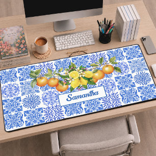 Sicilian blue yellow citrus Mediterranean azulejo Desk Mat
