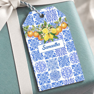 Sicilian blue yellow citrus Mediterranean azulejo Gift Tags