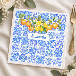 Sicilian Blue Yellow Mediterranean Citrus Tile Napkin