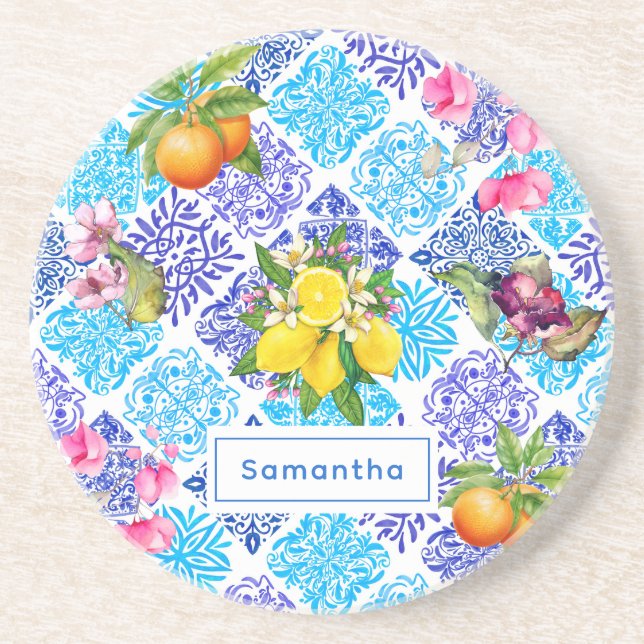 Sicilian citrus floral Mediterranean azulejo tiles Coaster (Front)