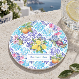 Sicilian citrus floral Mediterranean azulejo tiles Coaster