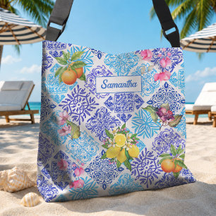 Sicilian citrus floral Mediterranean azulejo tiles Crossbody Bag