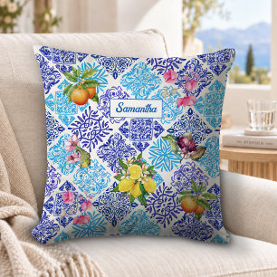 Sicilian citrus floral Mediterranean azulejo tiles Cushion
