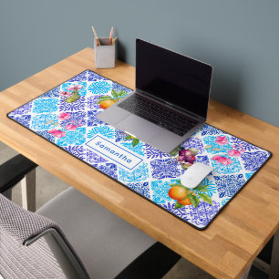 Sicilian citrus floral Mediterranean azulejo tiles Desk Mat