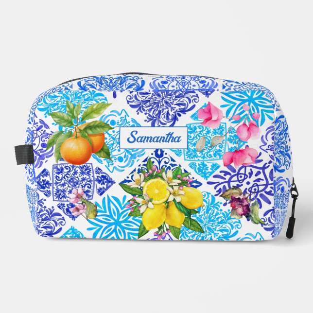 Sicilian citrus floral Mediterranean azulejo tiles Dopp Kit (Front)