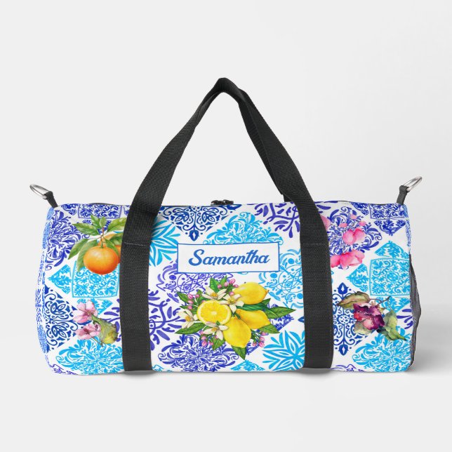 Sicilian citrus floral Mediterranean azulejo tiles Duffle Bag (Front)