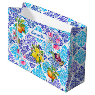 Sicilian citrus floral Mediterranean azulejo tiles Large Gift Bag
