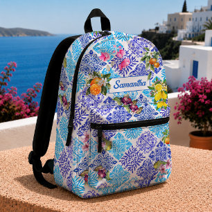 Sicilian citrus floral Mediterranean azulejo tiles Printed Backpack
