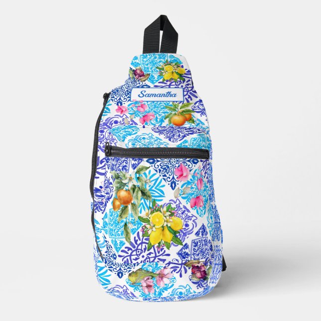 Sicilian citrus floral Mediterranean azulejo tiles Sling Bag (Front)
