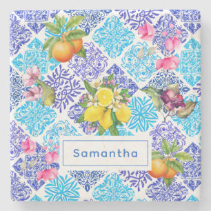 Sicilian citrus floral Mediterranean azulejo tiles Stone Coaster