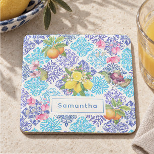 Sicilian citrus floral Mediterranean azulejo tiles Stone Coaster