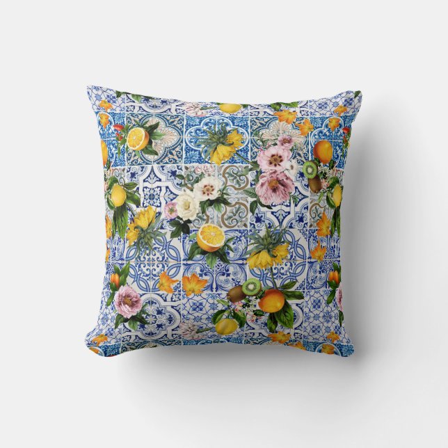 Sicilian flowers and lemon pattern cushion (Front)