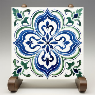 Sicilian Garden Watercolor Blue Green Ceramic Tile
