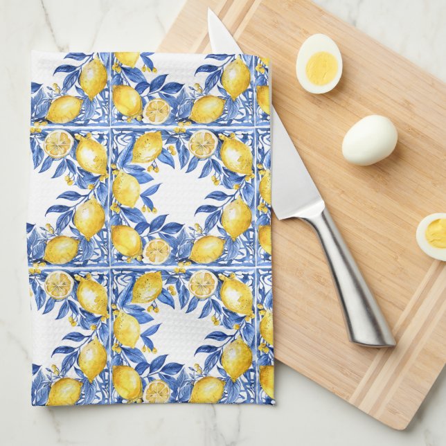 Sicilian Lemon Tiles Pattern Mediterranean Dolce  Tea Towel (Quarter Fold)