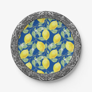 Sicilian Lemons Baroque Silver Border Paper Plate