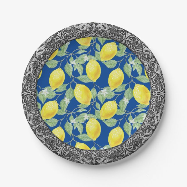 Sicilian Lemons Baroque Silver Border Paper Plate (Front)
