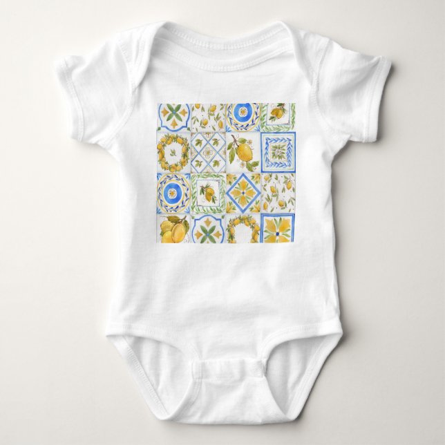 Sicilian Lemons Watercolor Square Pattern Baby Bodysuit (Front)