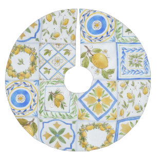 Sicilian Lemons Watercolor Square Pattern Brushed Polyester Tree Skirt