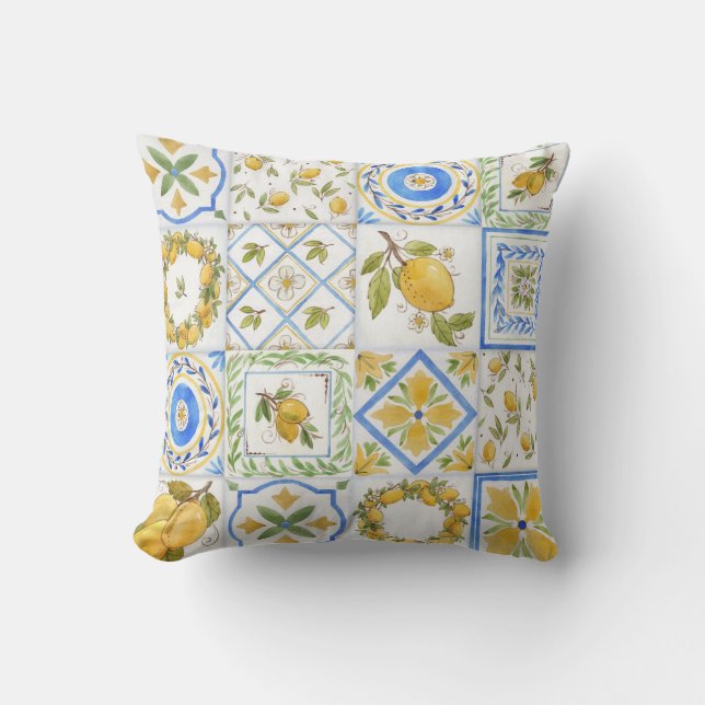 Sicilian Lemons Watercolor Square Pattern Cushion (Front)