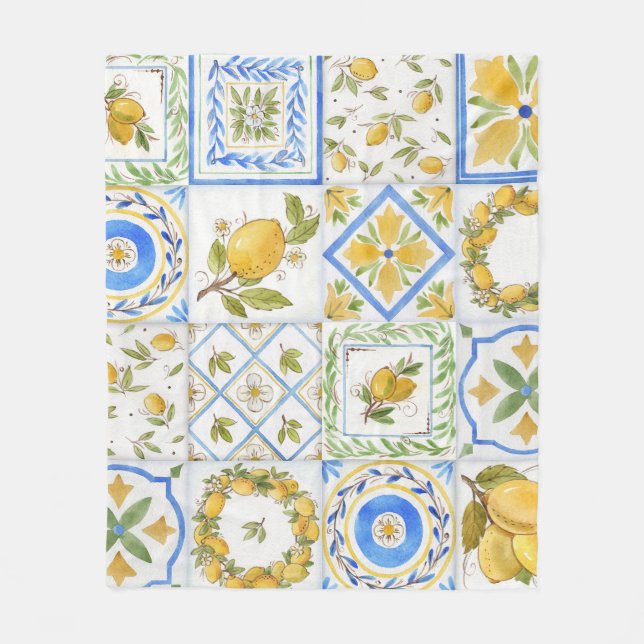 Sicilian Lemons Watercolor Square Pattern Fleece Blanket (Front)