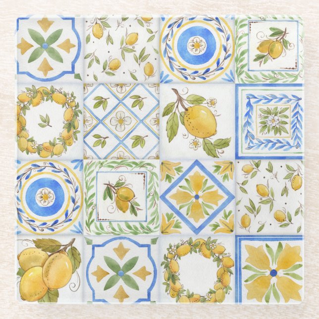 Sicilian Lemons Watercolor Square Pattern Glass Coaster (Front)