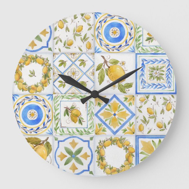 Sicilian Lemons Watercolor Square Pattern Large Clock (Front)