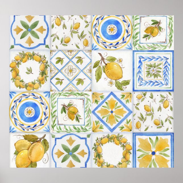Sicilian Lemons Watercolor Square Pattern Poster (Front)