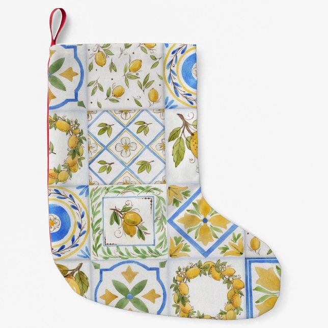 Sicilian Lemons Watercolor Square Pattern Small Christmas Stocking (Front)
