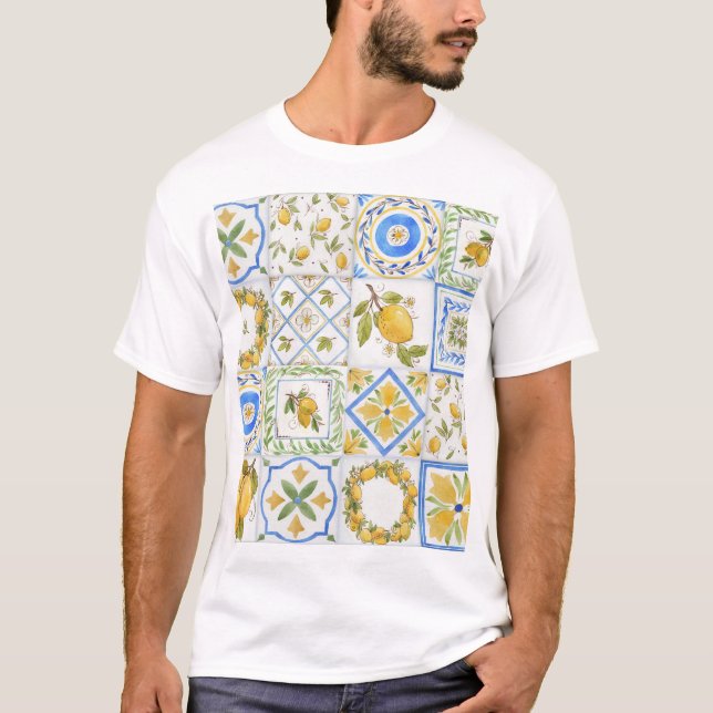Sicilian Lemons Watercolor Square Pattern T-Shirt (Front)