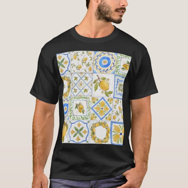 Sicilian Lemons Watercolor Square Pattern T-Shirt (Front)