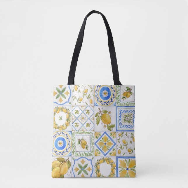 Sicilian Lemons Watercolor Square Pattern Tote Bag (Front)