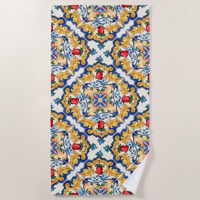Sicilian Majolica Colourful Tile Pattern Beach Towel (Front)