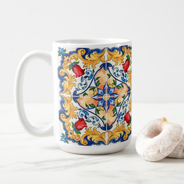 Sicilian Majolica Colourful Tile Pattern Coffee Mug (With Donut)