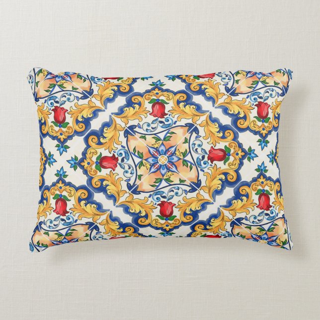 Sicilian Majolica Colourful Tile Pattern Decorative Cushion (Front)