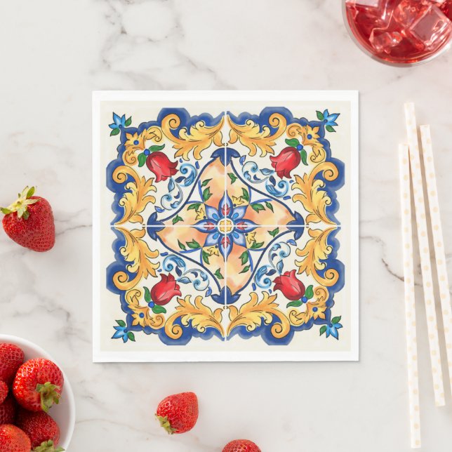 Sicilian Majolica Colourful Tile Pattern Napkin (Insitu)