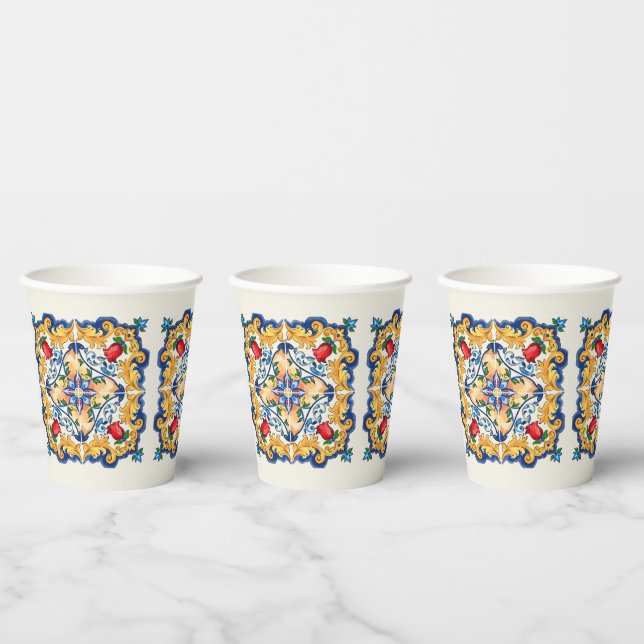 Sicilian Majolica Colourful Tile Pattern Paper Cups (Multi)