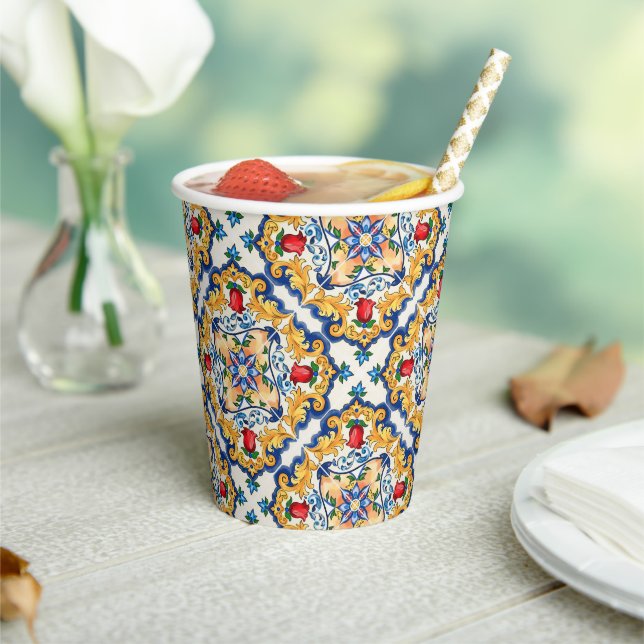 Sicilian Majolica Colourful Tile Pattern Paper Cups (Insitu)