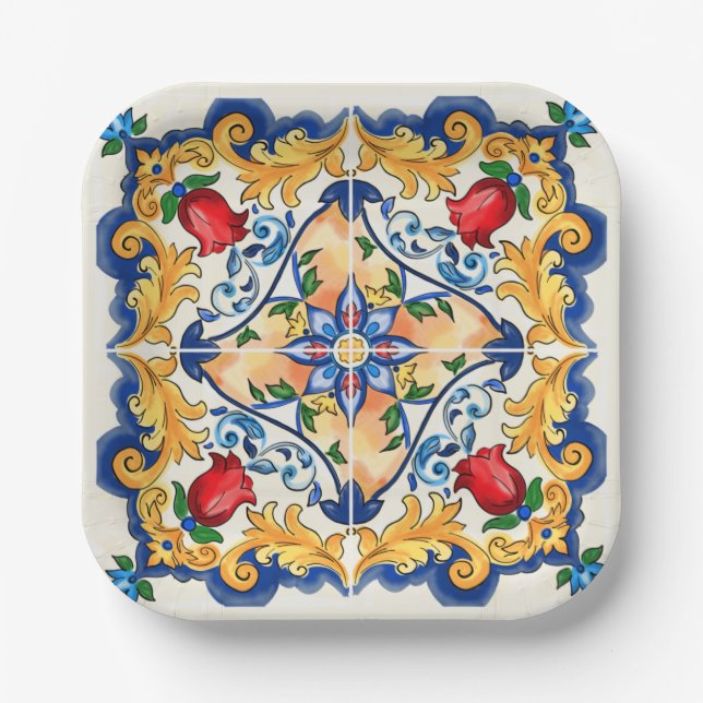 Sicilian Majolica Colourful Tile Pattern Paper Plate (Front)