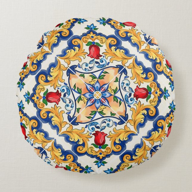 Sicilian Majolica Colourful Tile Pattern Round Cushion (Front)
