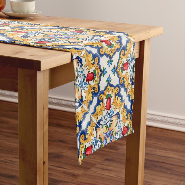 Sicilian Majolica Colourful Tile Pattern Short Table Runner (In Situ)