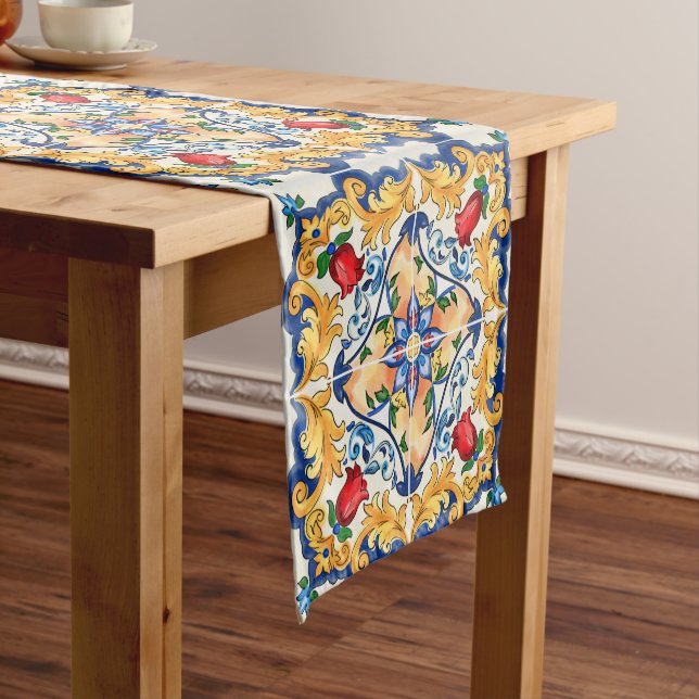Sicilian Majolica Colourful Tile Pattern  Short Table Runner (In Situ)