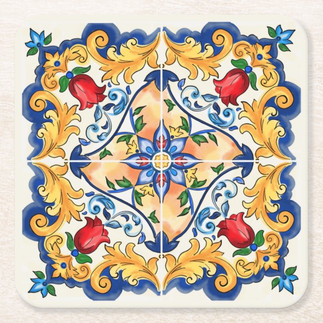 Sicilian Majolica Colourful Tile Pattern Square Paper Coaster (Front)