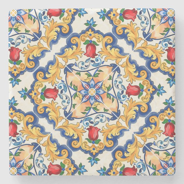 Sicilian Majolica Colourful Tile Pattern Stone Coaster (Front)