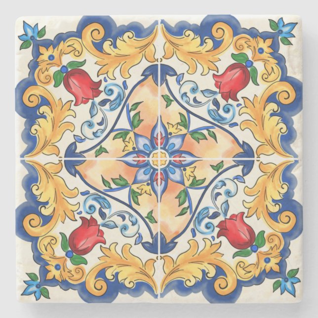Sicilian Majolica Colourful Tile Pattern Stone Coaster (Front)
