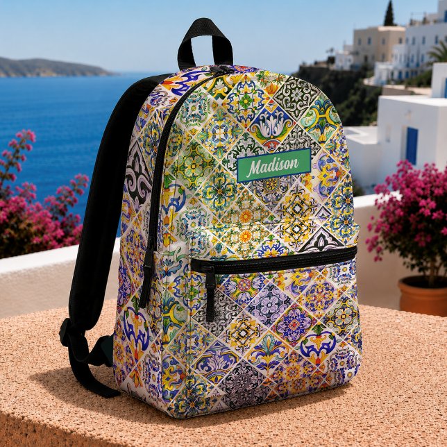Sicilian Majolica Green Blue Floral Tile Pattern Printed Backpack (Creator Uploaded)